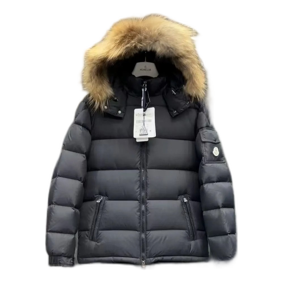 Moncler Short Puffer Jacket with Fur-Trim Hood - Black