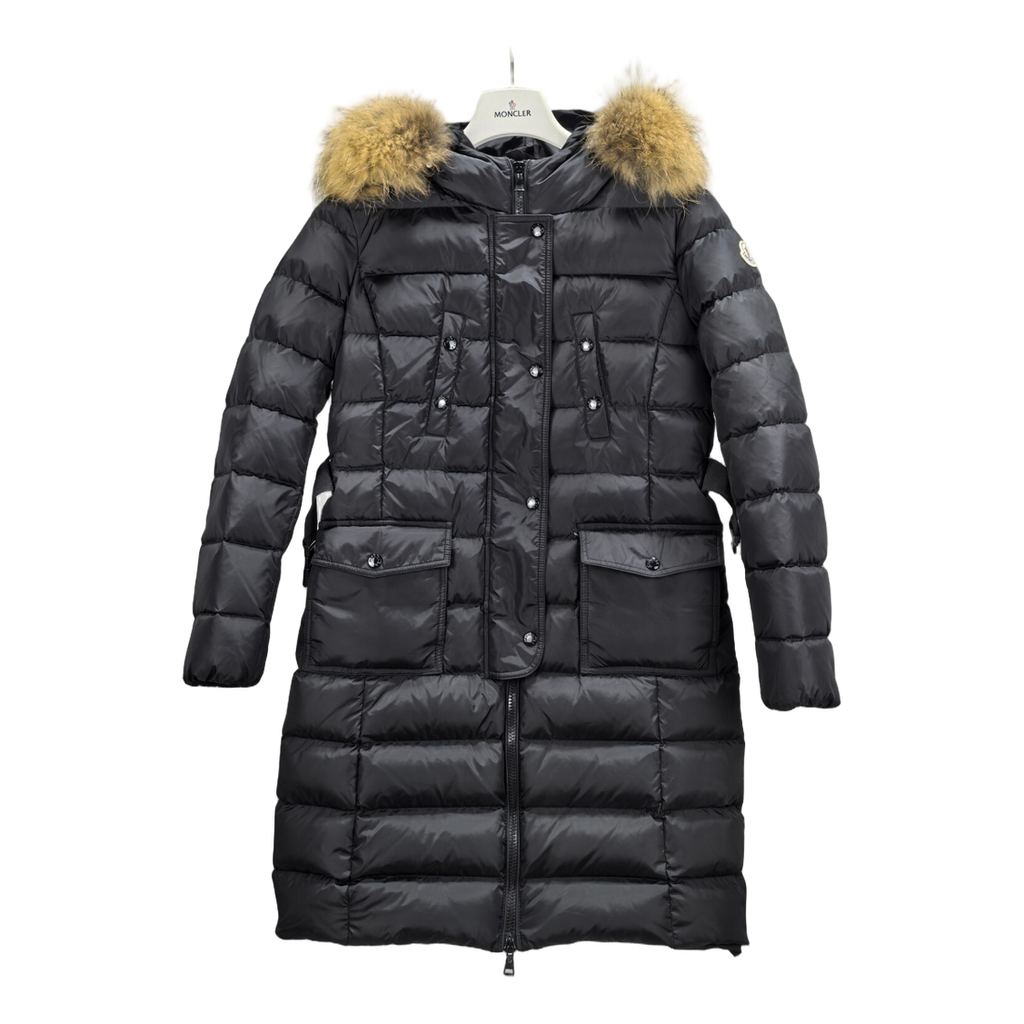 Moncler Long Four-Pocket Puffer Coat with Fur-Trim Hood - Black