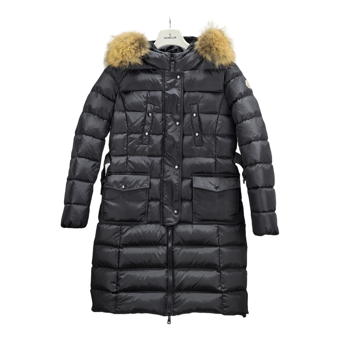 Moncler Long Four-Pocket Puffer Coat with Fur-Trim Hood - Black