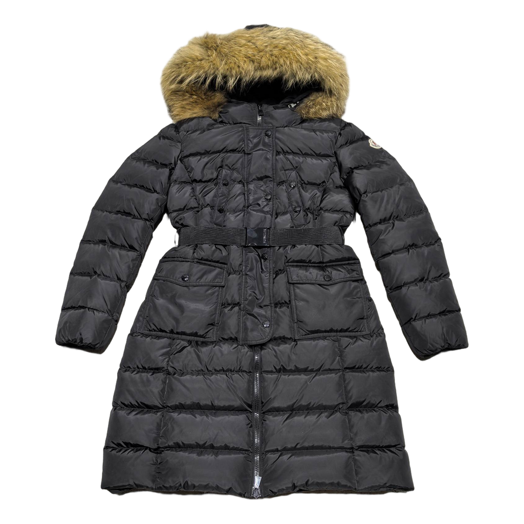 Moncler Long Four-Pocket Puffer Coat with Fur-Trim Hood - Black