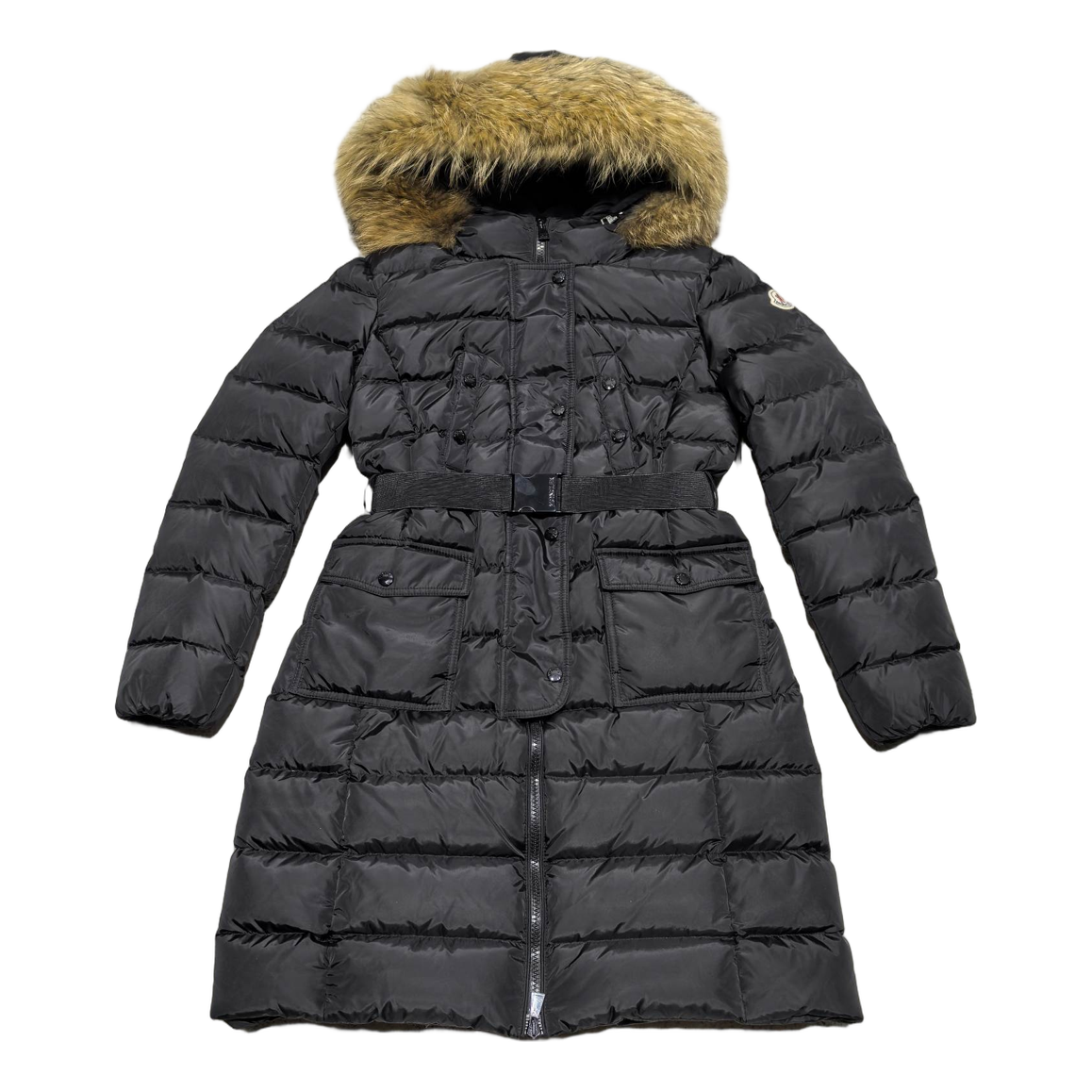 Moncler Long Four-Pocket Puffer Coat with Fur-Trim Hood - Black