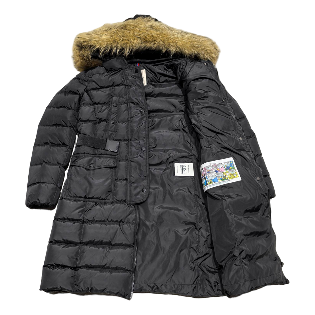 Moncler Long Four-Pocket Puffer Coat with Fur-Trim Hood - Black