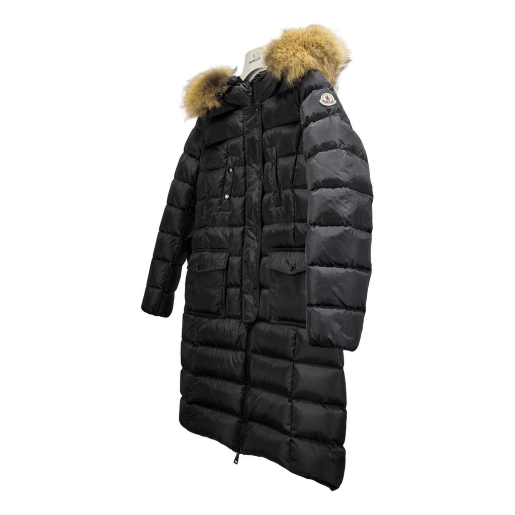 Moncler Long Four-Pocket Puffer Coat with Fur-Trim Hood - Black