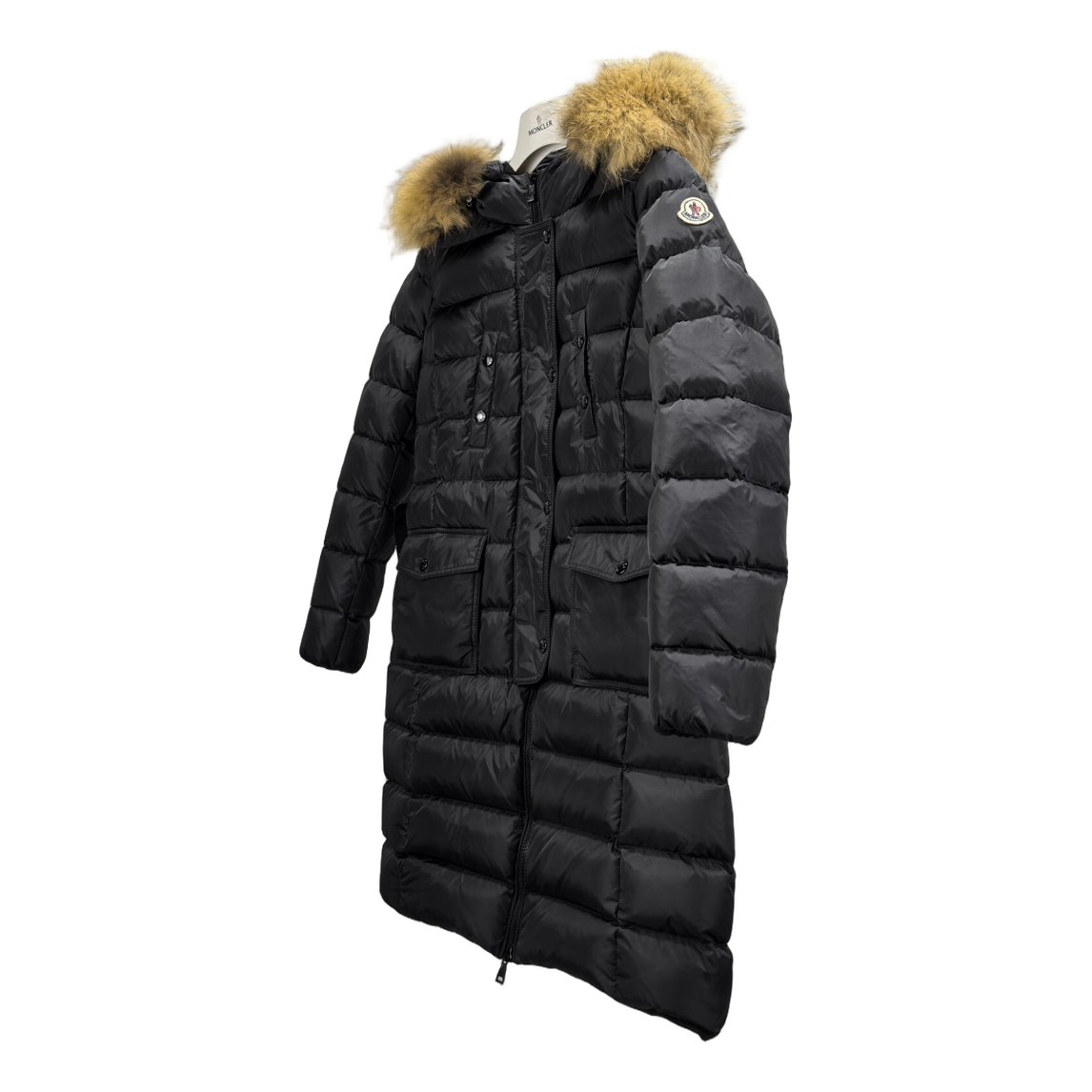 Moncler Long Four-Pocket Puffer Coat with Fur-Trim Hood - Black