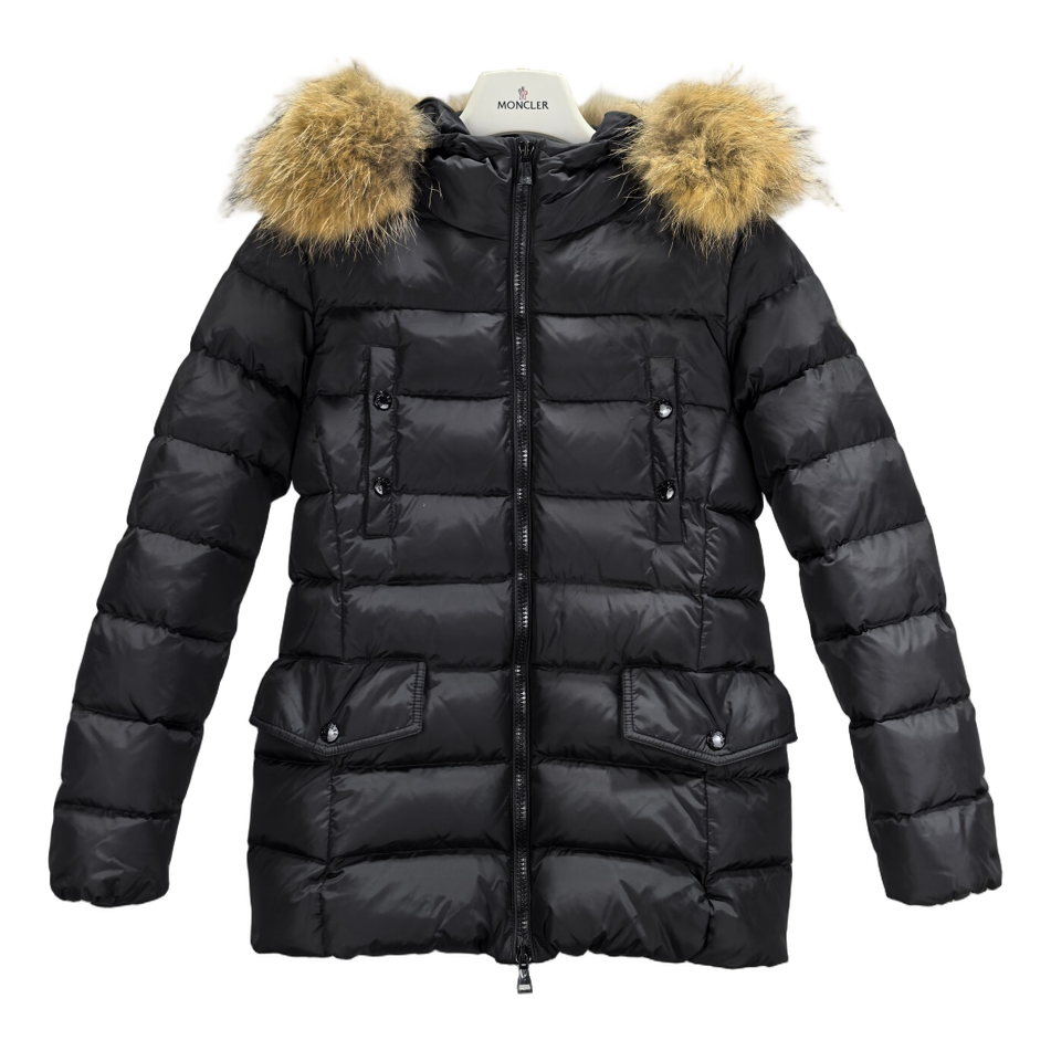 Moncler Belted Four-Pocket Puffer Jacket with Fur-Trim Hood - Black