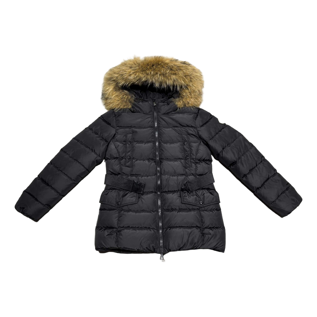 Moncler Belted Four-Pocket Puffer Jacket with Fur-Trim Hood - Black