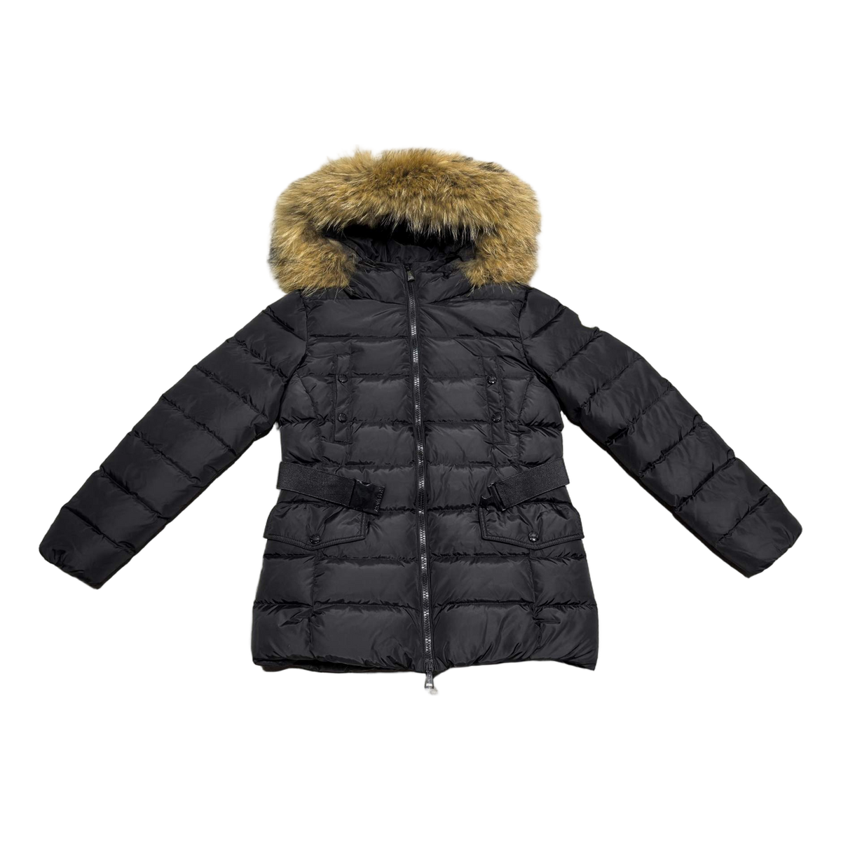 Moncler Belted Four-Pocket Puffer Jacket with Fur-Trim Hood - Black