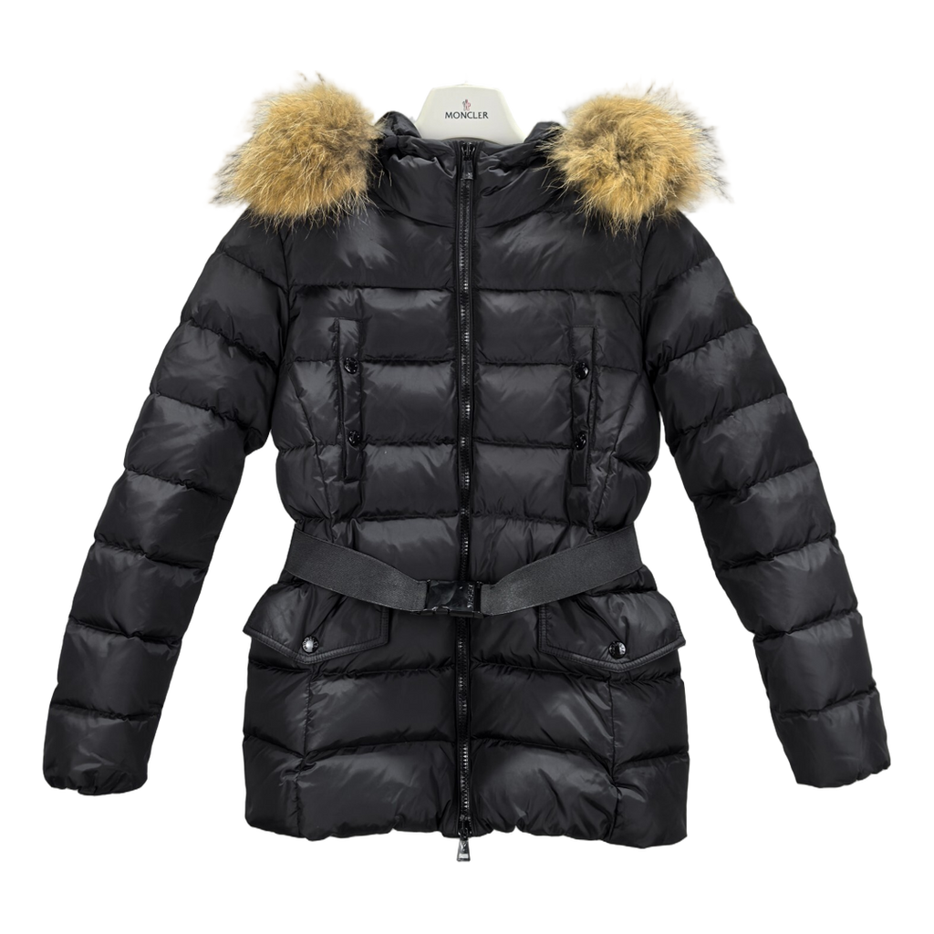 Moncler Belted Four-Pocket Puffer Jacket with Fur-Trim Hood - Black