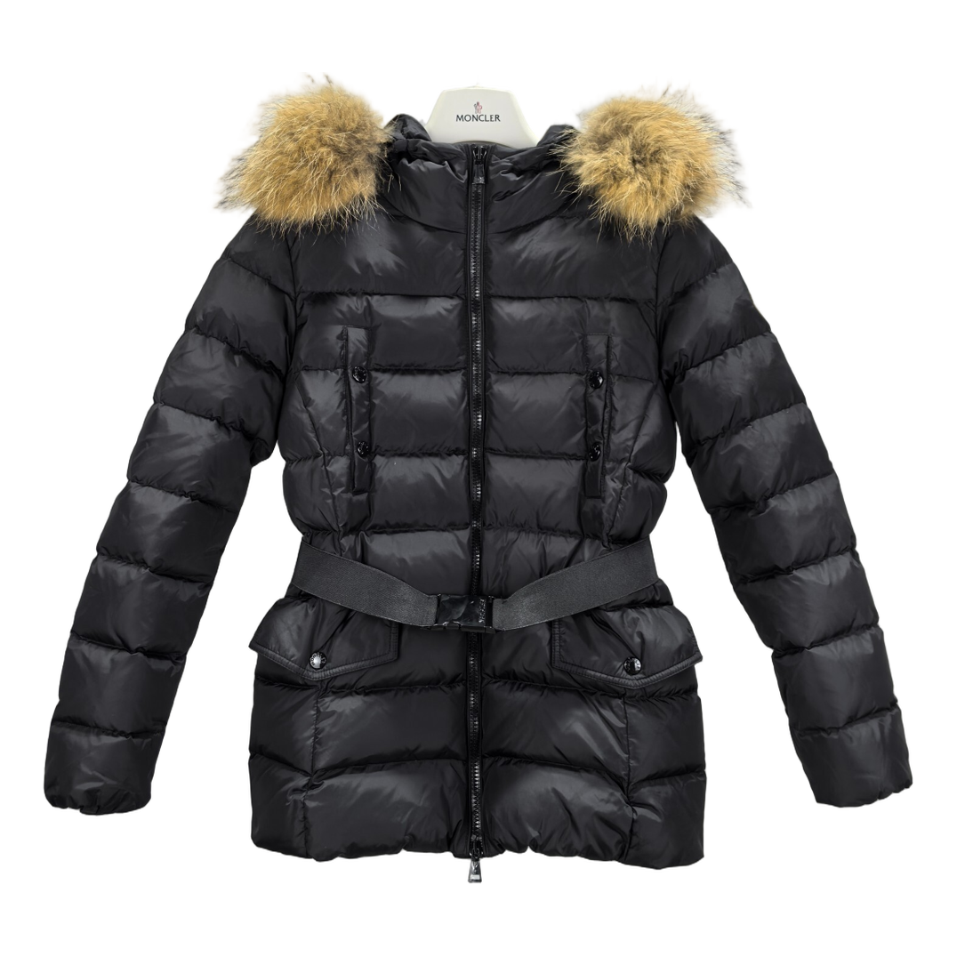 Moncler Belted Four-Pocket Puffer Jacket with Fur-Trim Hood - Black