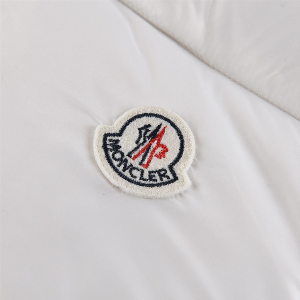 Moncler Hooded Puffer Jacket with Tricolor Sleeve Stripe - White