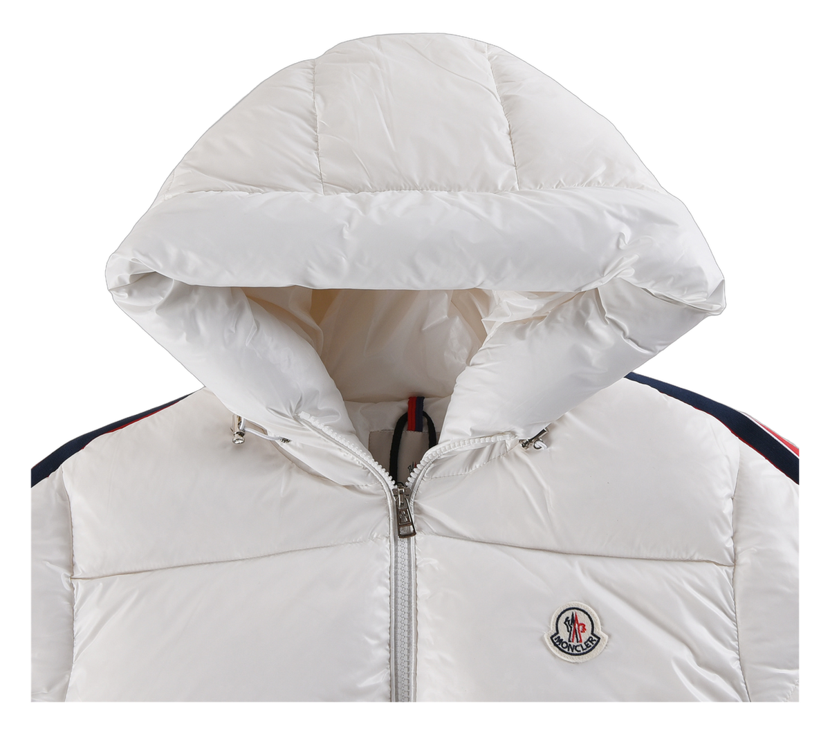 Moncler Hooded Puffer Jacket with Tricolor Sleeve Stripe - White