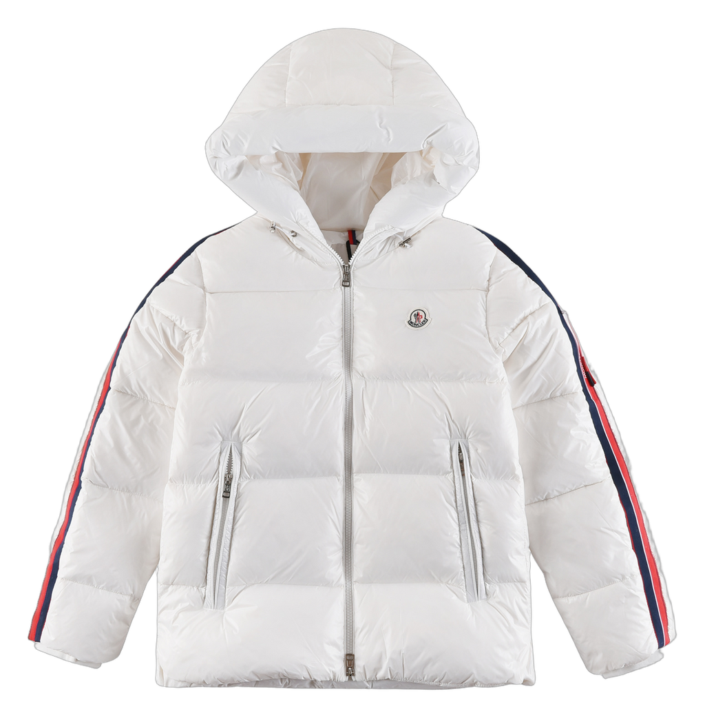 Moncler Hooded Puffer Jacket with Tricolor Sleeve Stripe - White