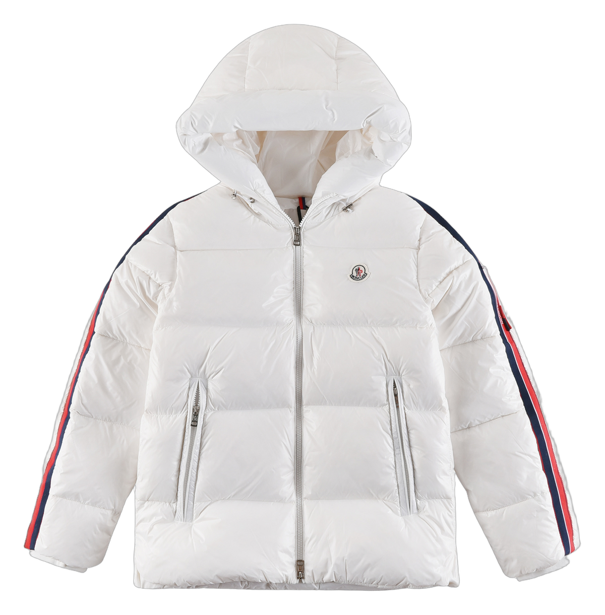 Moncler Hooded Puffer Jacket with Tricolor Sleeve Stripe - White