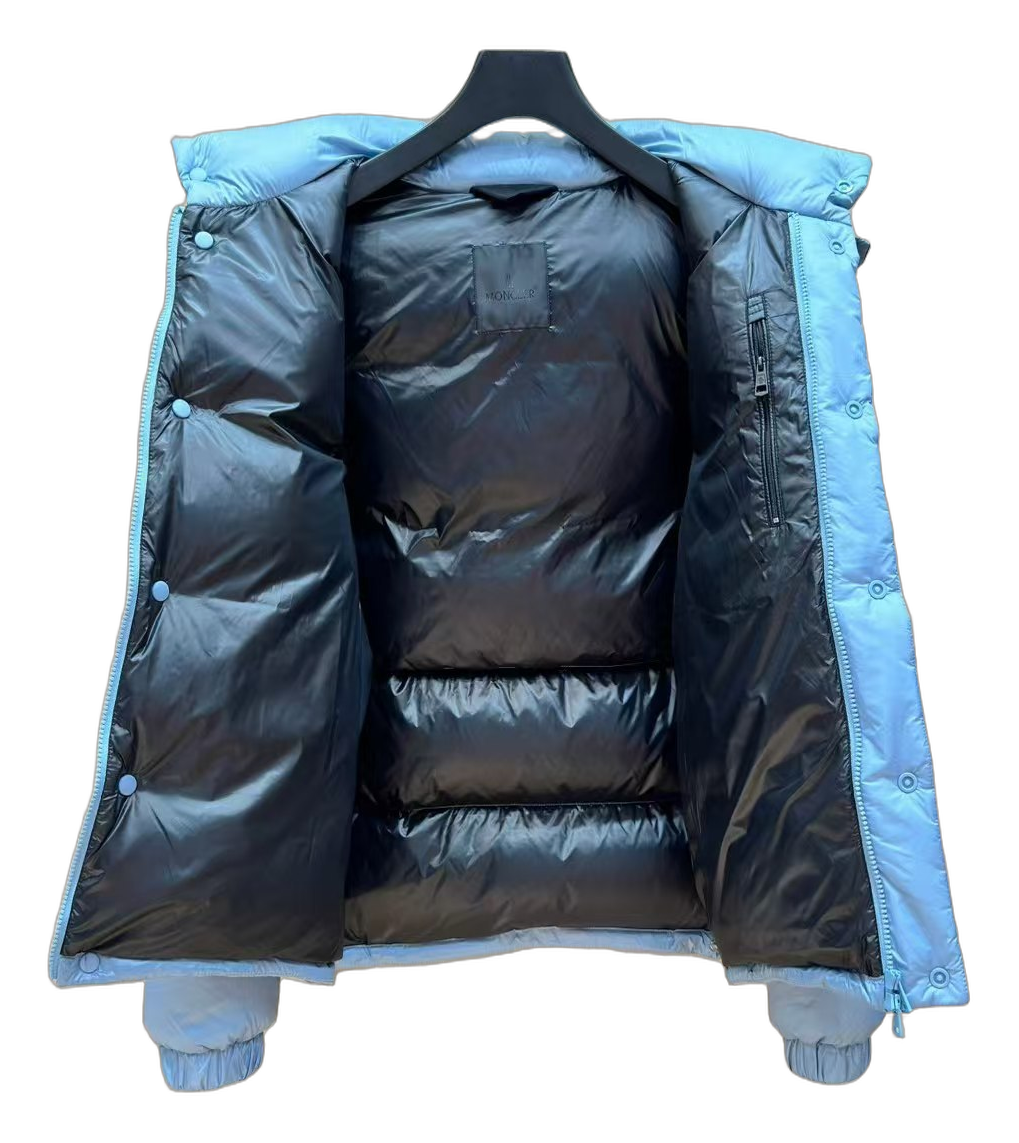 Moncler Hooded Puffer Jacket with Orange Logo Badge - Ice Blue