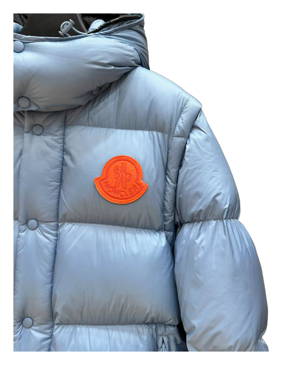 Moncler Hooded Puffer Jacket with Orange Logo Badge - Ice Blue