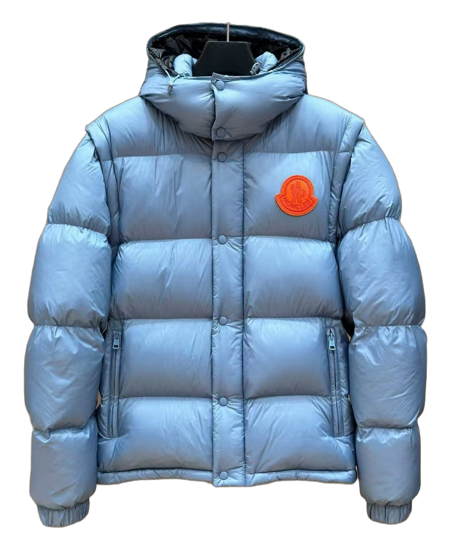 Moncler Hooded Puffer Jacket with Orange Logo Badge - Ice Blue