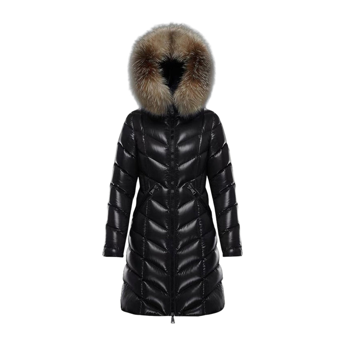 Moncler Fulmarus Long Chevron-Quilted Coat with Fur Trim
