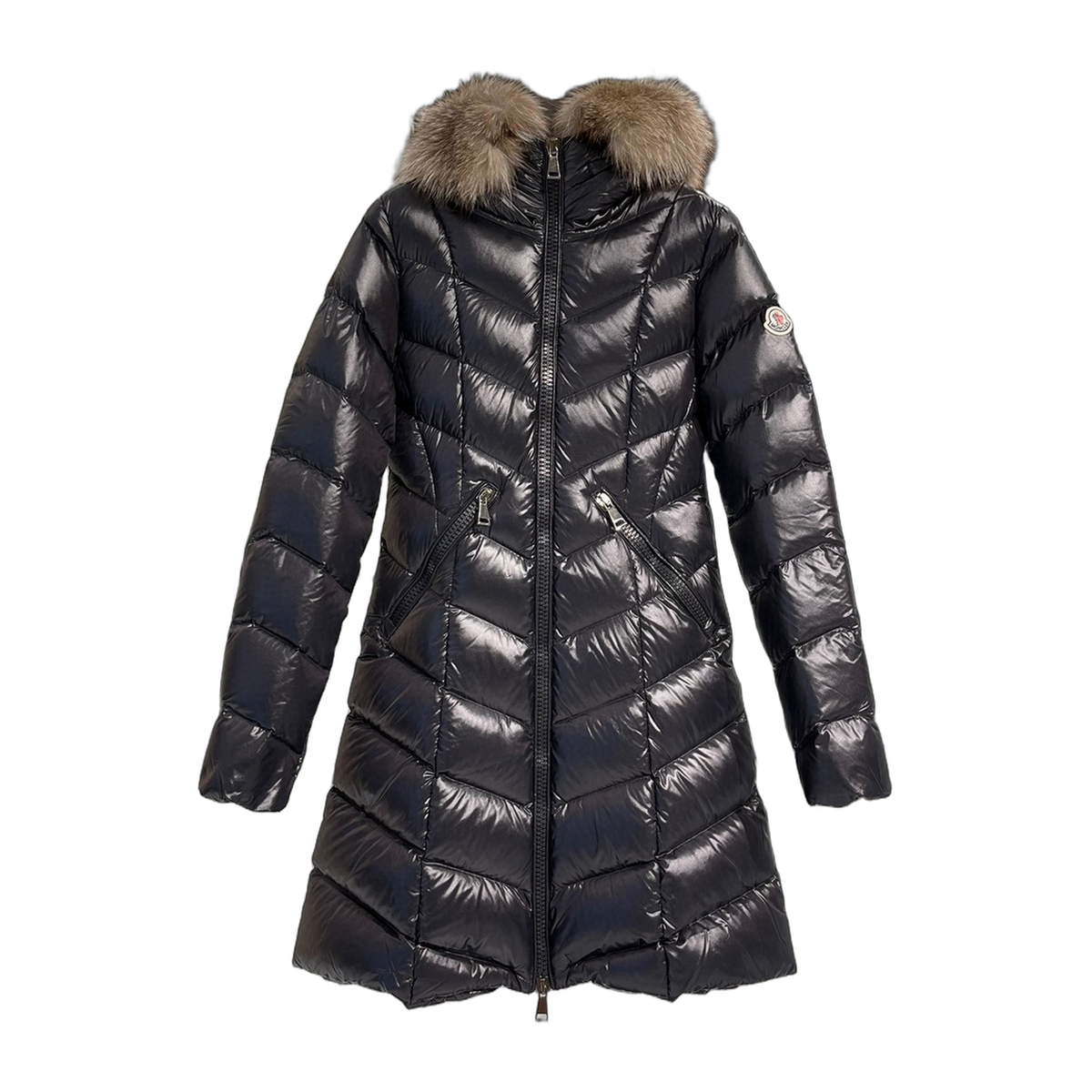 Moncler Fulmarus Long Chevron-Quilted Coat with Fur Trim