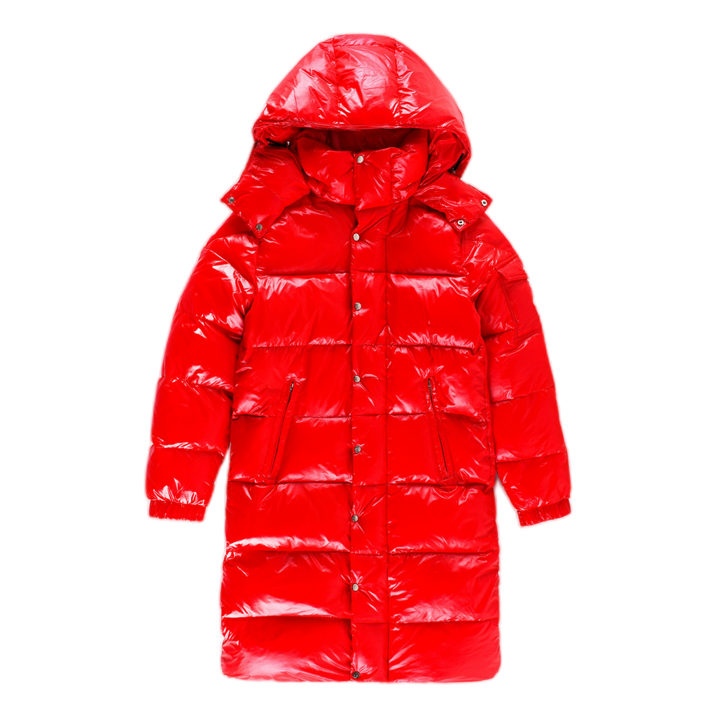 Moncler Hanoverian Glossy Long Hooded Puffer Coat - Red