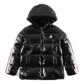 Moncler Glossy Hooded Puffer Jacket with Tricolor Sleeve Stripe