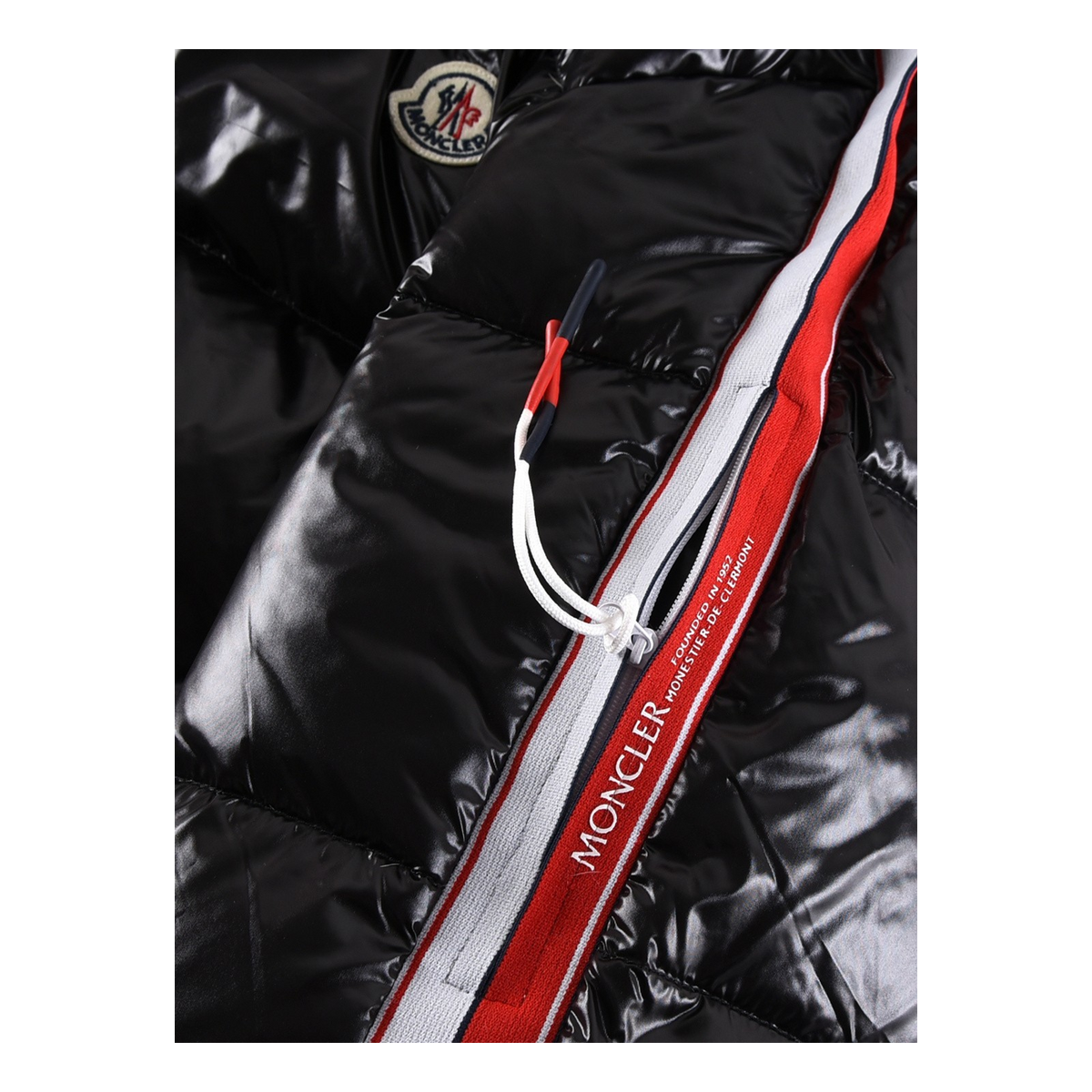 Moncler Glossy Hooded Puffer Jacket with Tricolor Sleeve Stripe