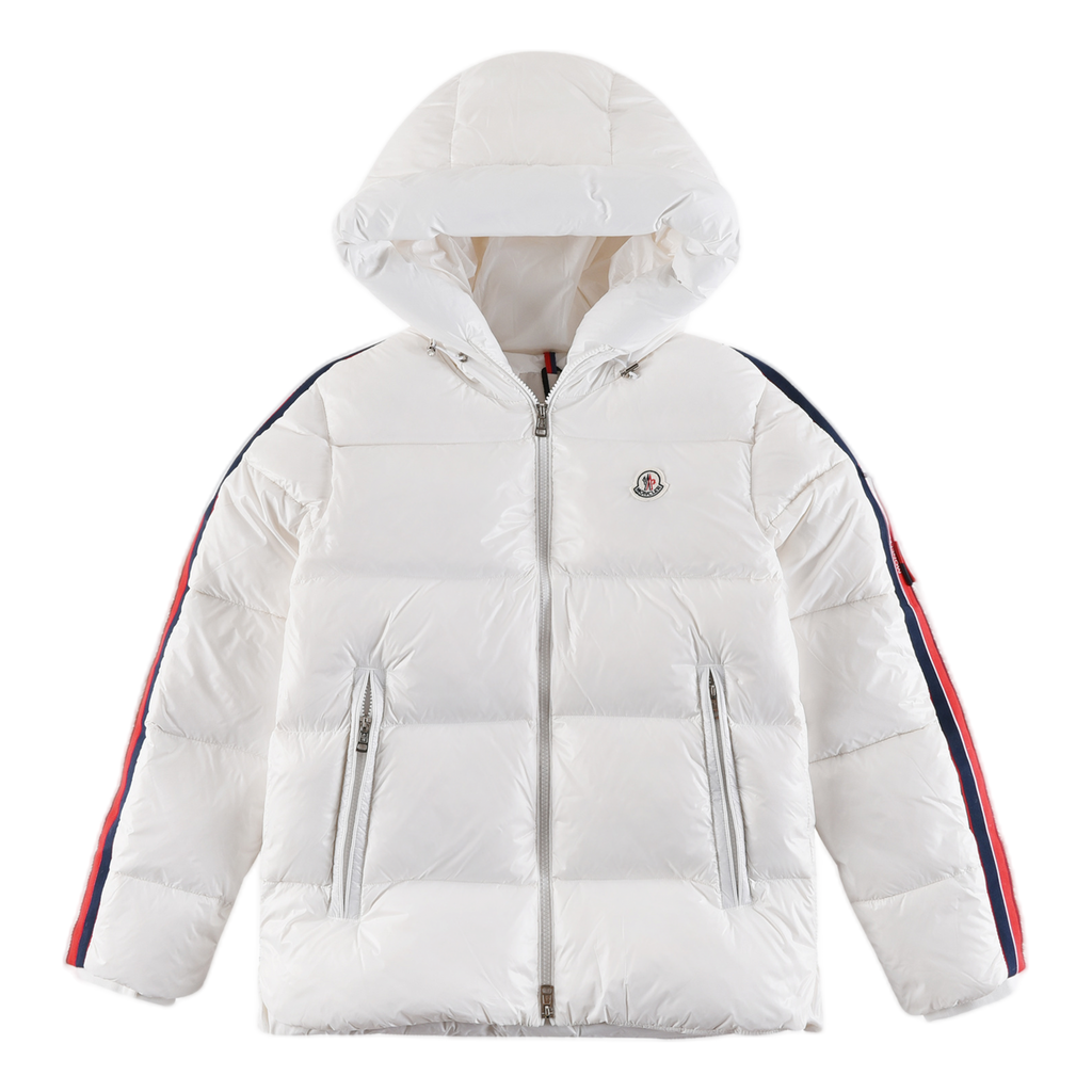 Moncler Glossy Hooded Puffer Jacket with Tricolor Sleeve Stripe