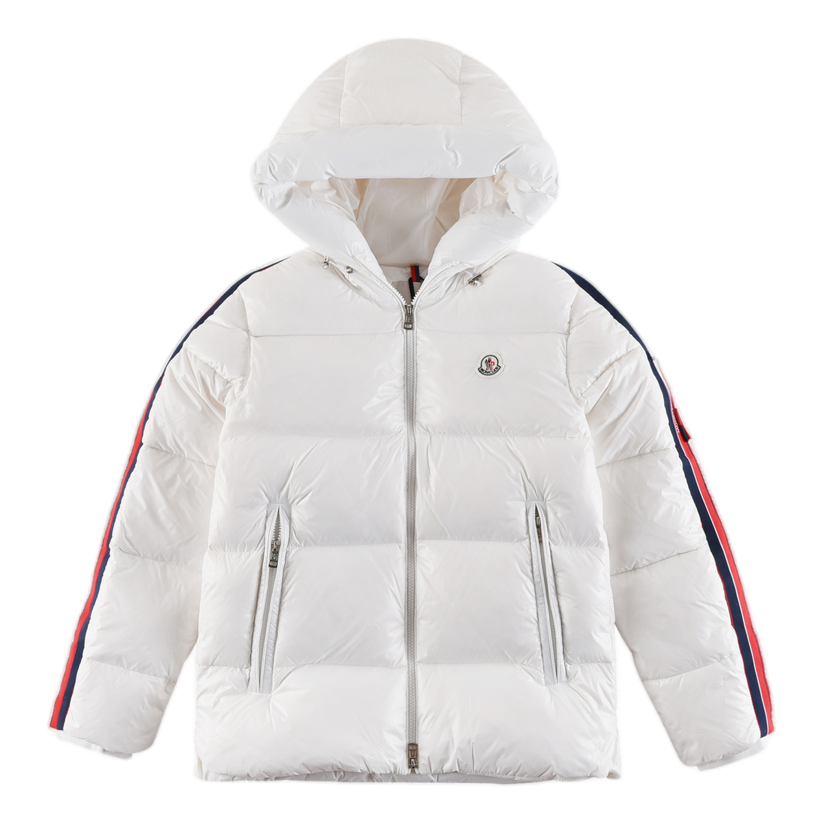Moncler Glossy Hooded Puffer Jacket with Tricolor Sleeve Stripe