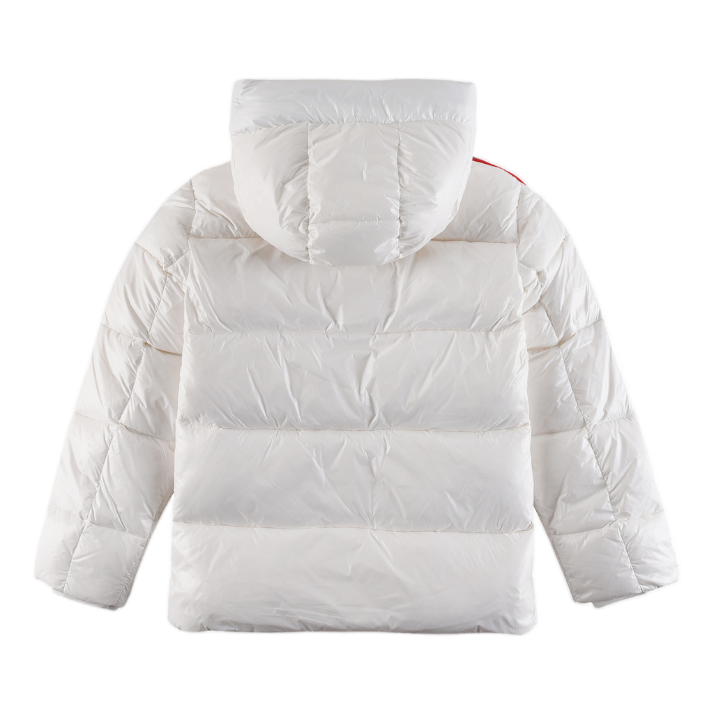 Moncler Glossy Hooded Puffer Jacket with Tricolor Sleeve Stripe