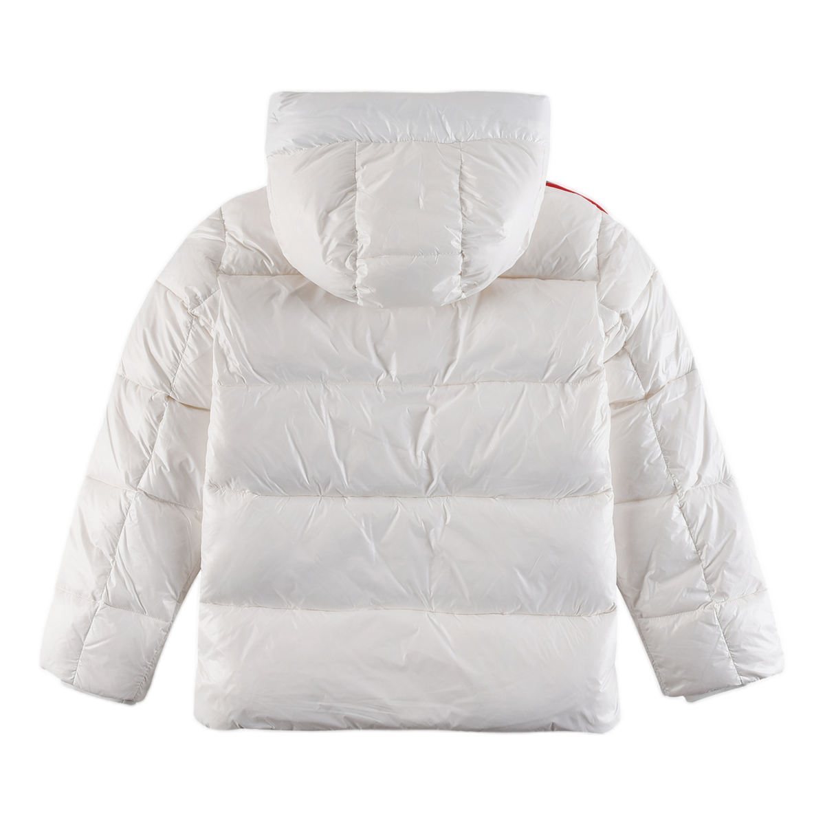 Moncler Glossy Hooded Puffer Jacket with Tricolor Sleeve Stripe