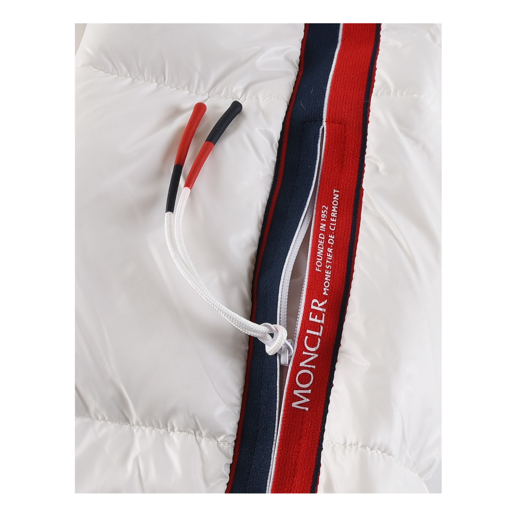 Moncler Glossy Hooded Puffer Jacket with Tricolor Sleeve Stripe