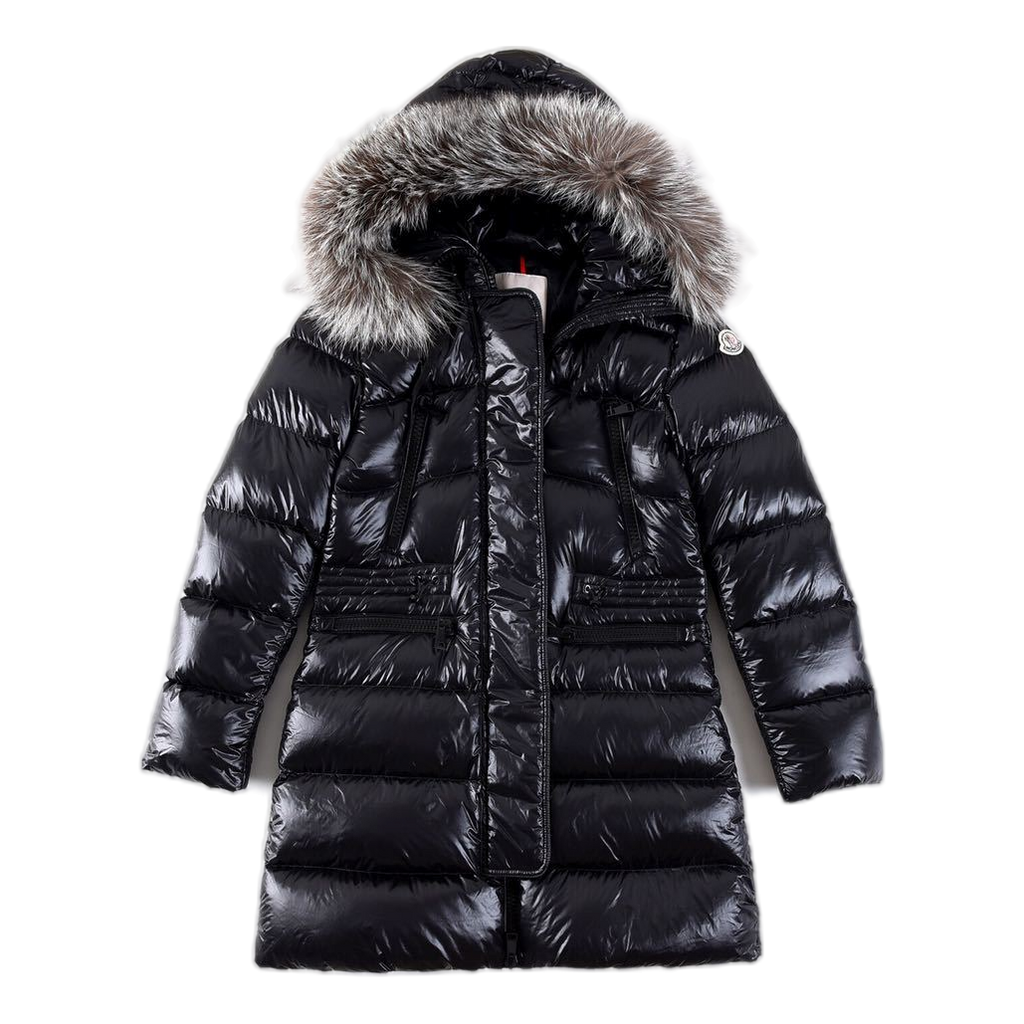 Moncler Long Puffer Jacket with Fur-Trim Hood and Drawstring Waist