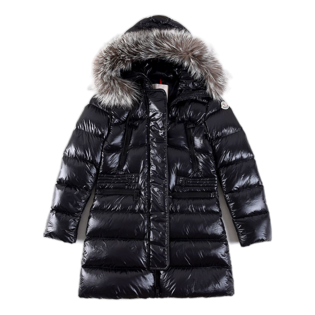 Moncler Long Puffer Jacket with Fur-Trim Hood and Drawstring Waist