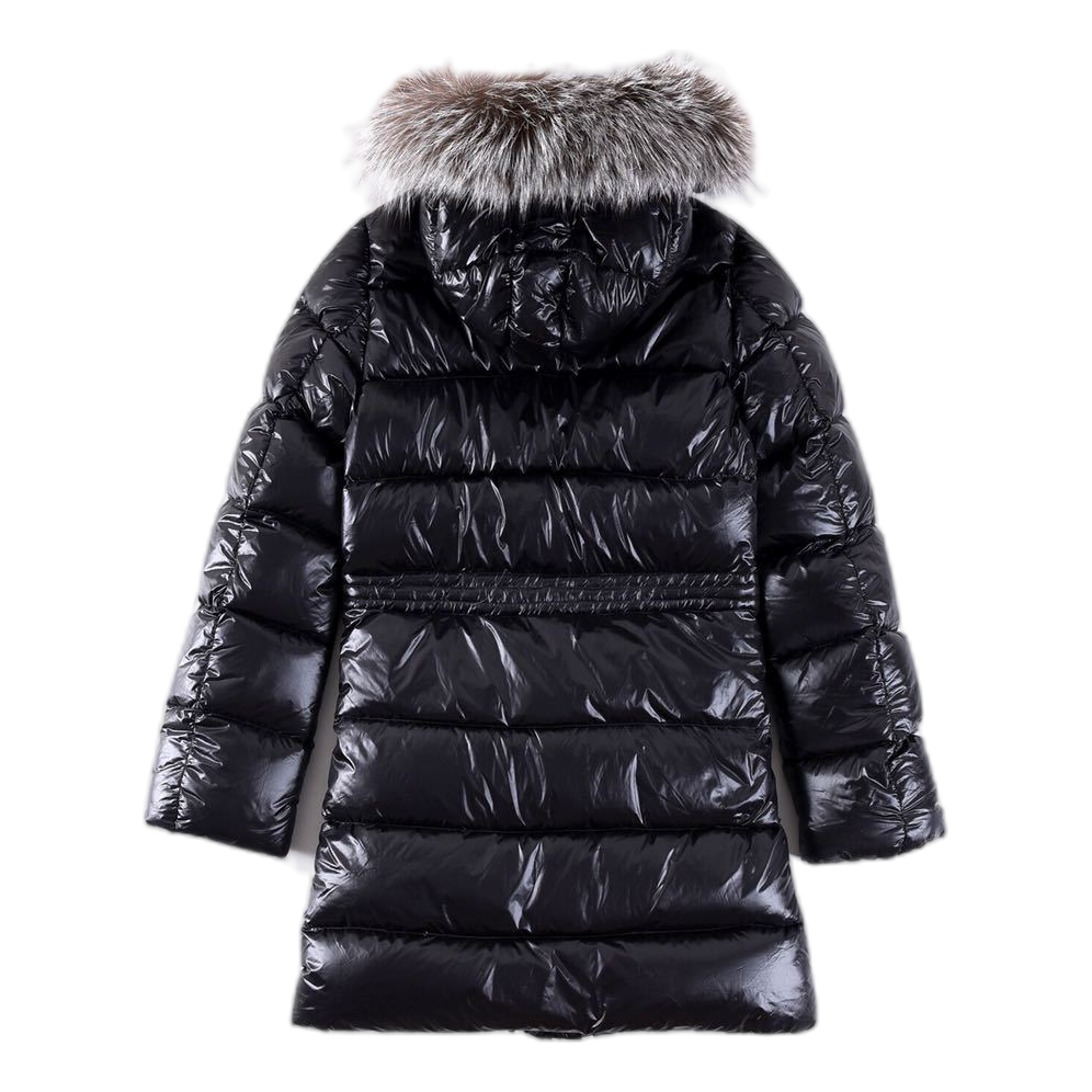 Moncler Long Puffer Jacket with Fur-Trim Hood and Drawstring Waist