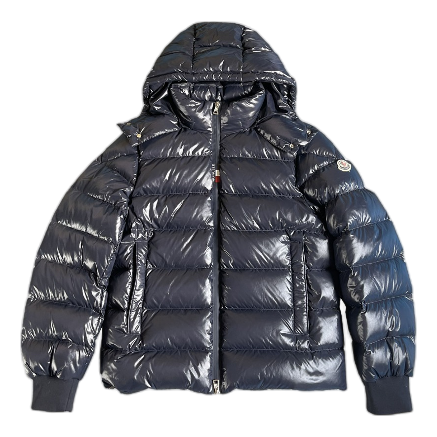 Moncler Glossy Hooded Puffer Jacket with Logo Zip - Navy