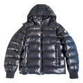 Moncler Glossy Hooded Puffer Jacket with Logo Zip - Navy