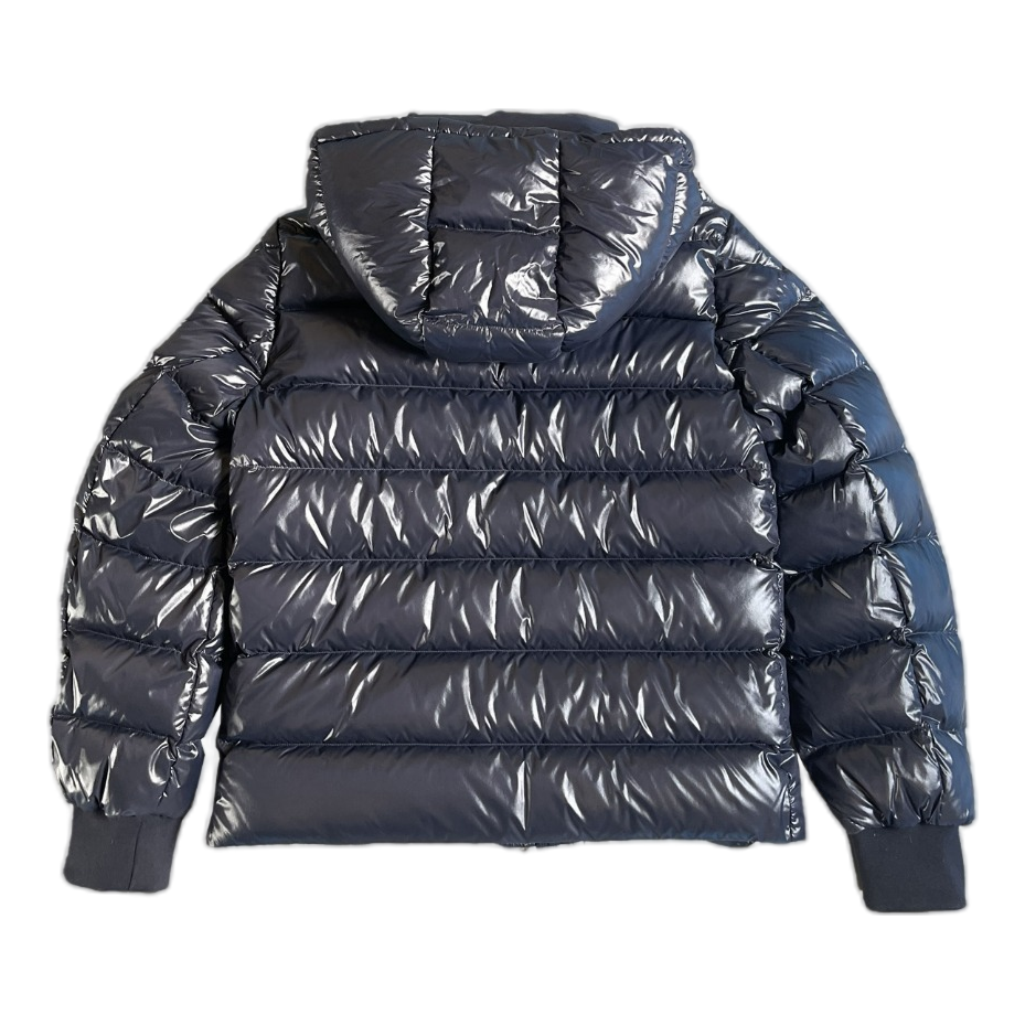 Moncler Glossy Hooded Puffer Jacket with Logo Zip - Navy