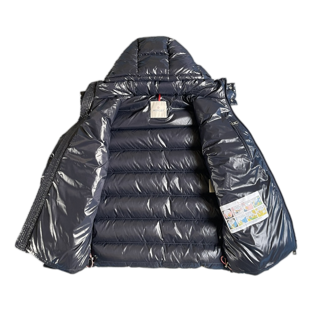 Moncler Glossy Hooded Puffer Jacket with Logo Zip - Navy