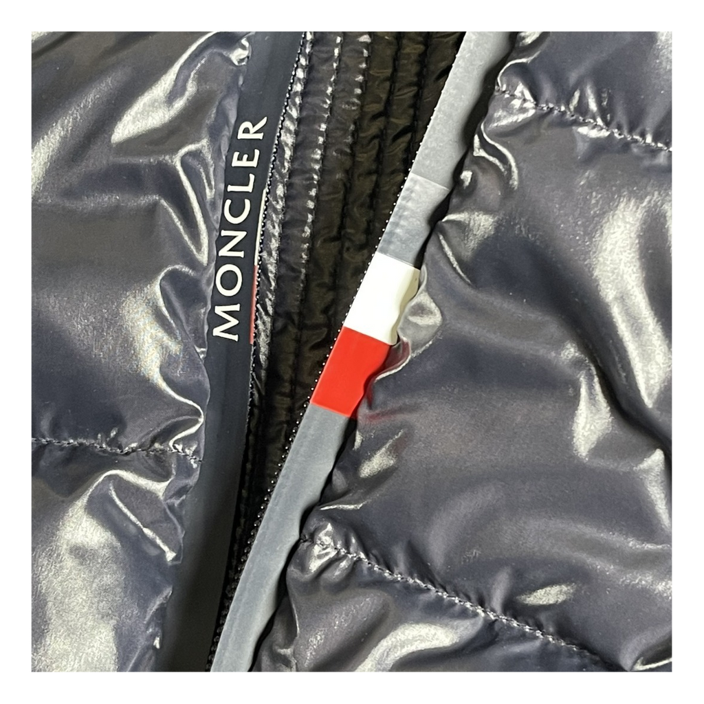 Moncler Glossy Hooded Puffer Jacket with Logo Zip - Navy