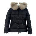 Moncler Cinched-Waist Puffer Jacket with Fur-Trim Hood - Black