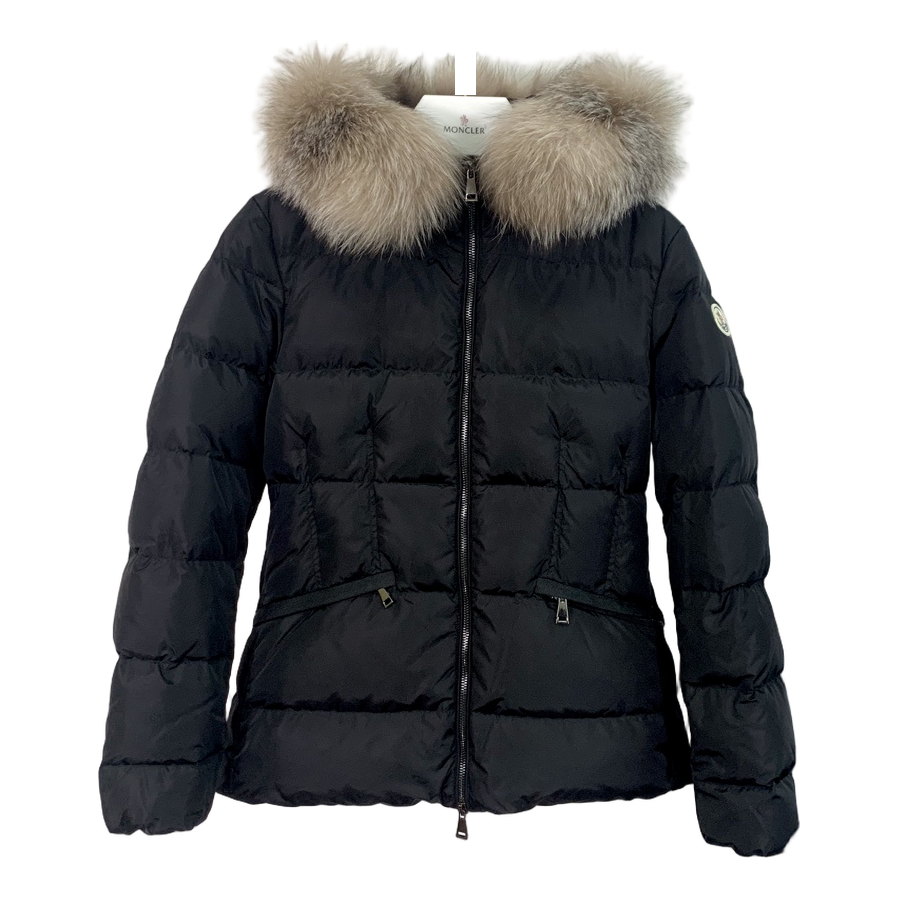 Moncler Cinched-Waist Puffer Jacket with Fur-Trim Hood - Black