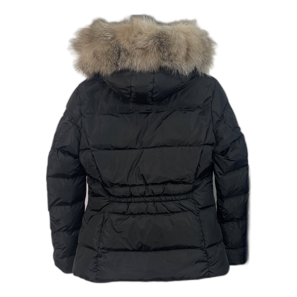 Moncler Cinched-Waist Puffer Jacket with Fur-Trim Hood - Black