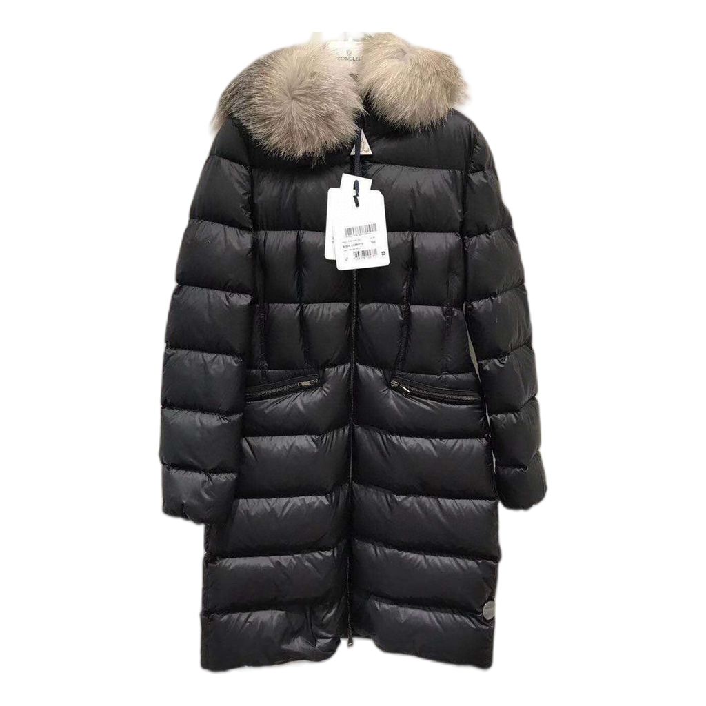 Moncler Four-Pocket Long Puffer Coat with Fur-Trim Hood - Black