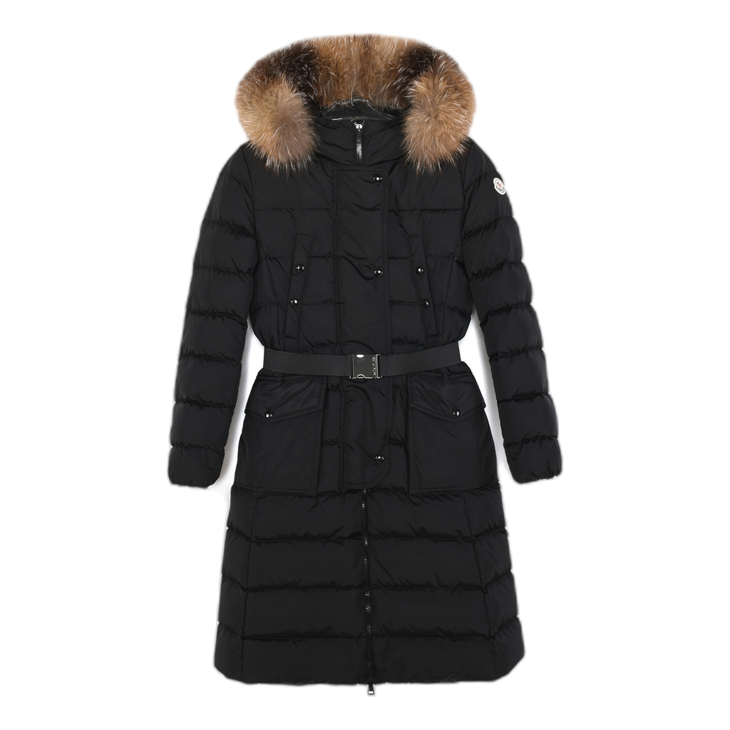 Moncler Khloe Belted Long Coat with Fur-Trim Hood - Black