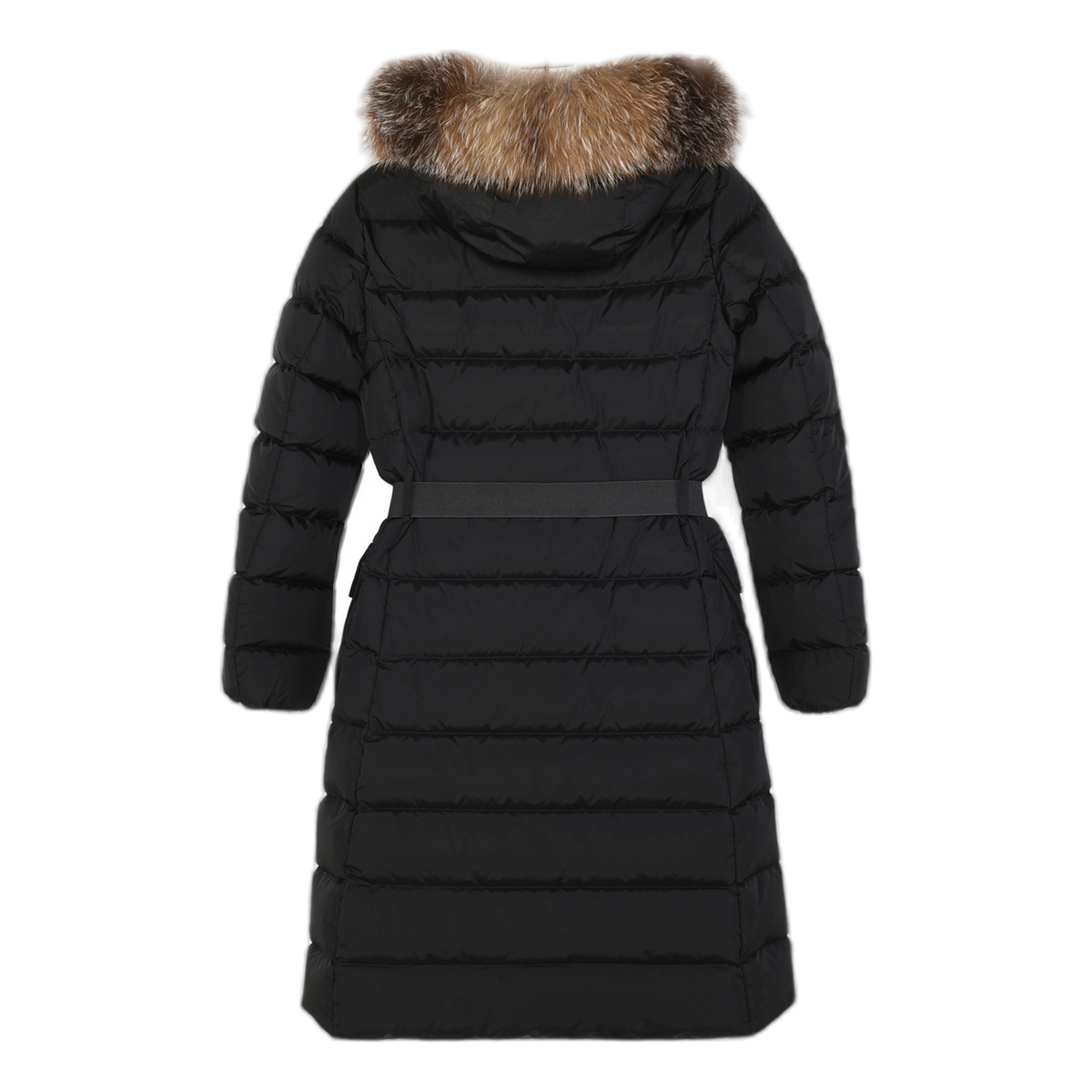 Moncler Khloe Belted Long Coat with Fur-Trim Hood - Black