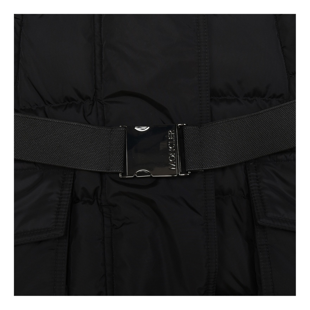 Moncler Khloe Belted Long Coat with Fur-Trim Hood - Black