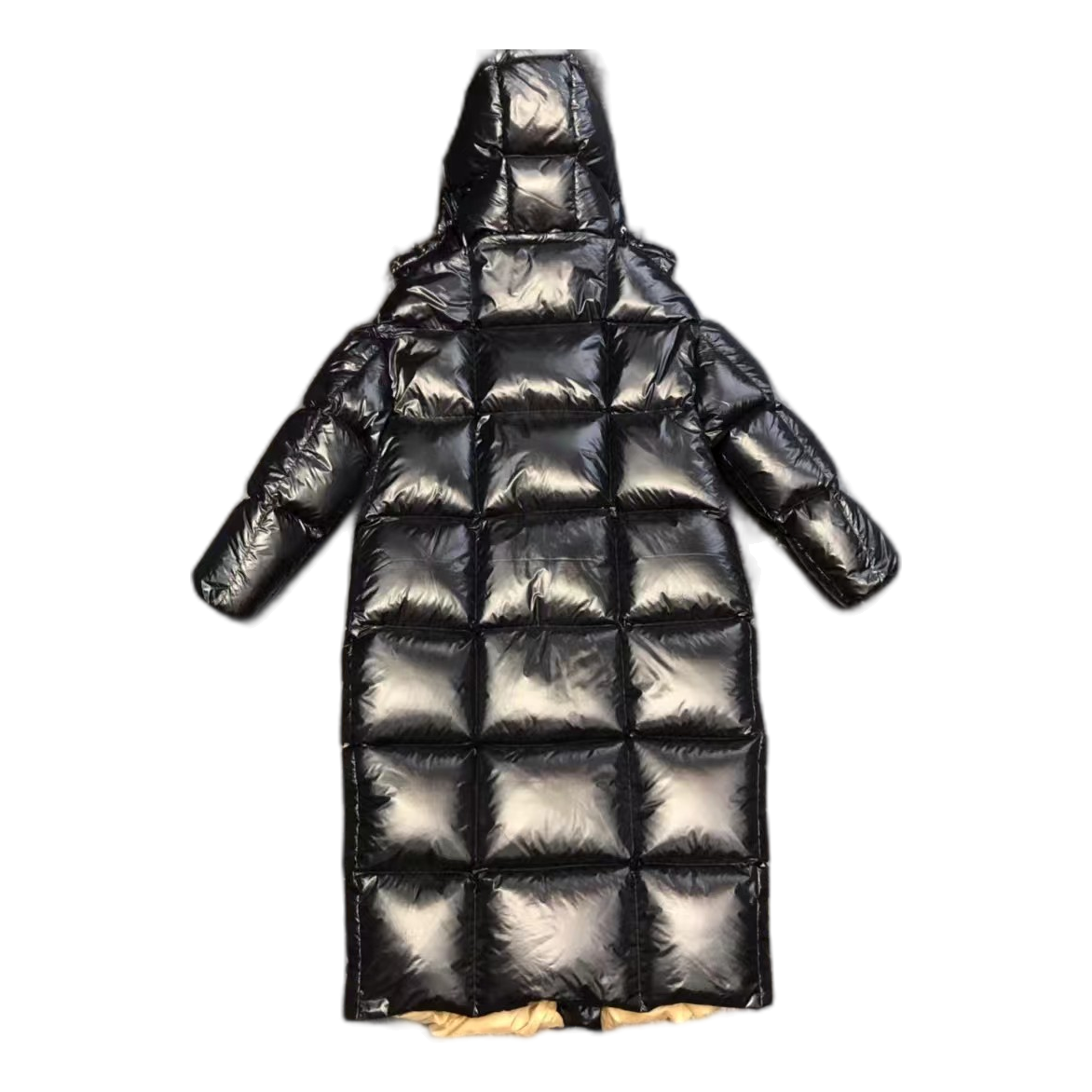 Moncler Glossy Long Puffer Coat with Gold Lining - Black