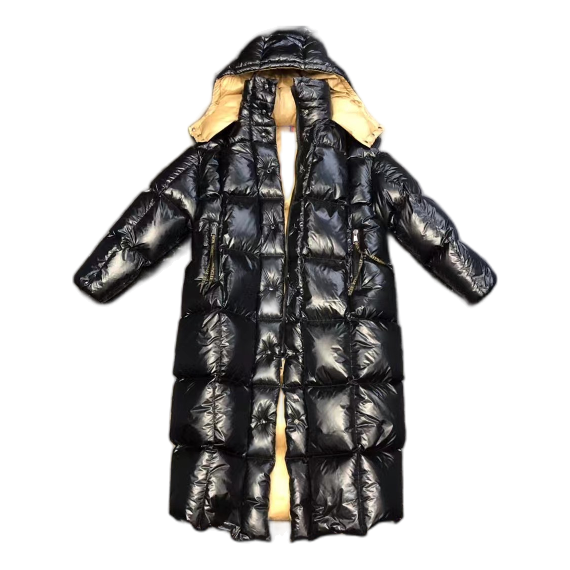 Moncler Glossy Long Puffer Coat with Gold Lining - Black
