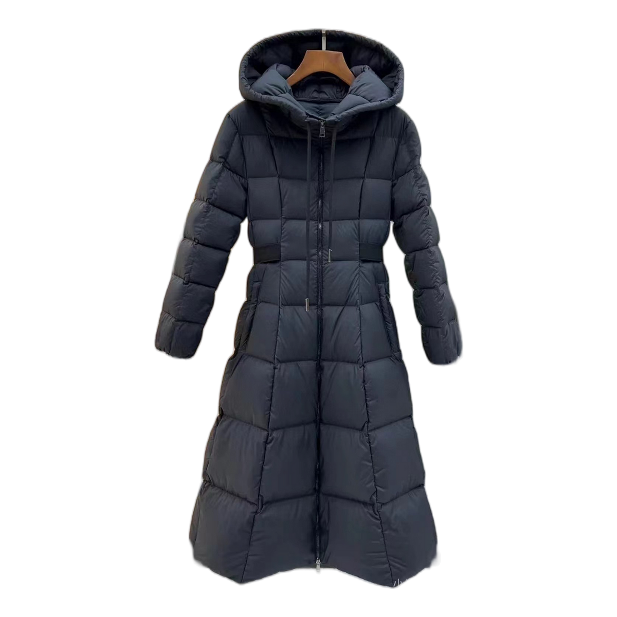 Moncler Fitted Long Puffer Coat with Drawstring Hood - Black