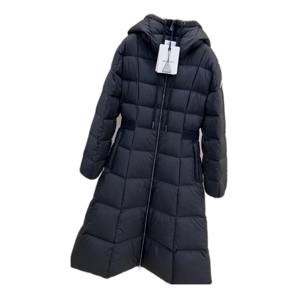 Moncler Fitted Long Puffer Coat with Drawstring Hood - Black