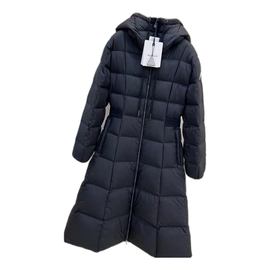 Moncler Fitted Long Puffer Coat with Drawstring Hood - Black